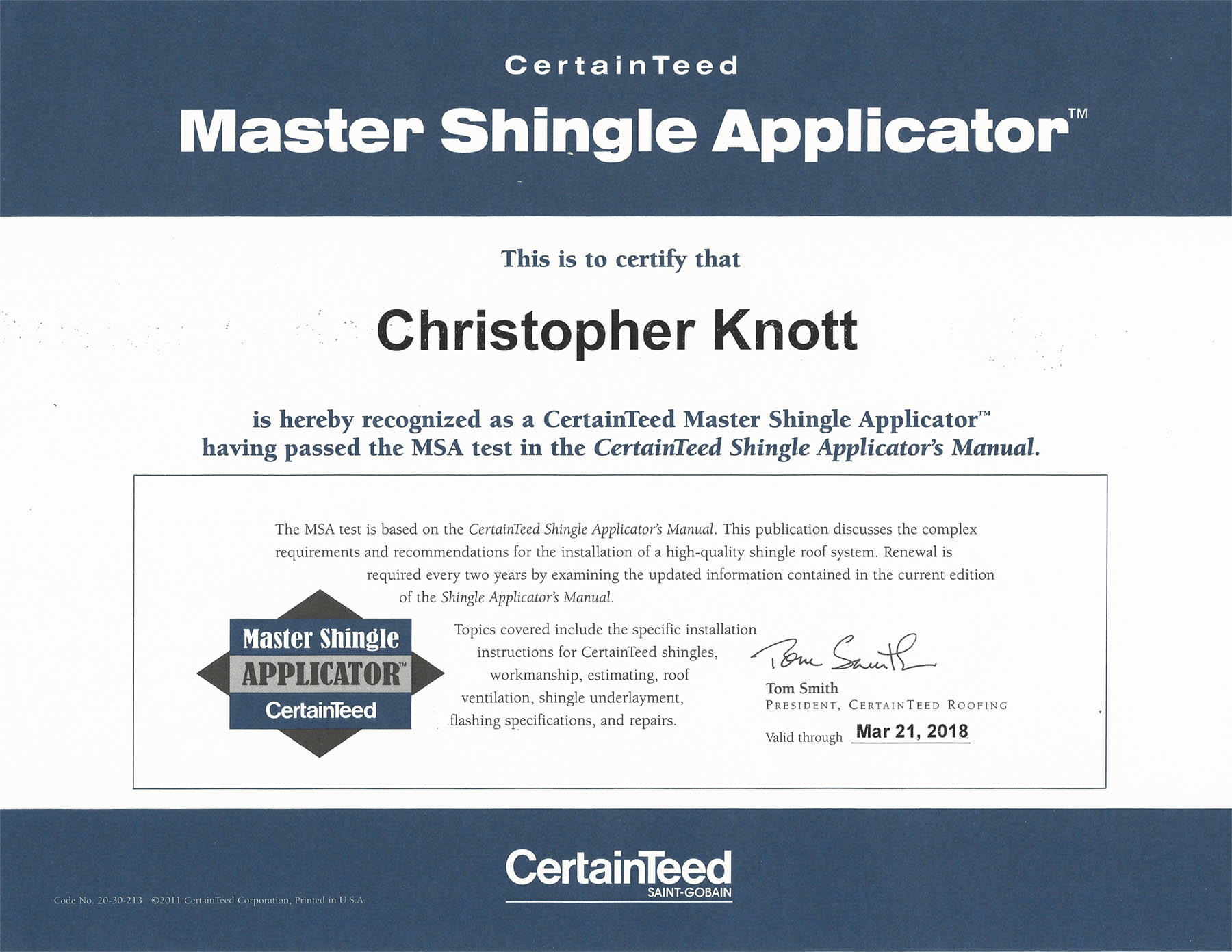Mint Roofing CertainTeed Master Shingle Applicator copy