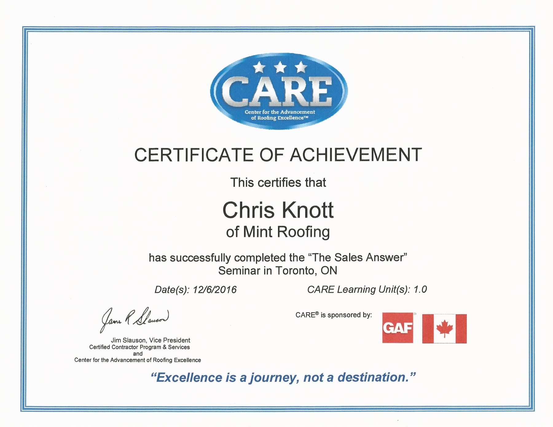 Mint Roofing GAF CARE Training Certificate