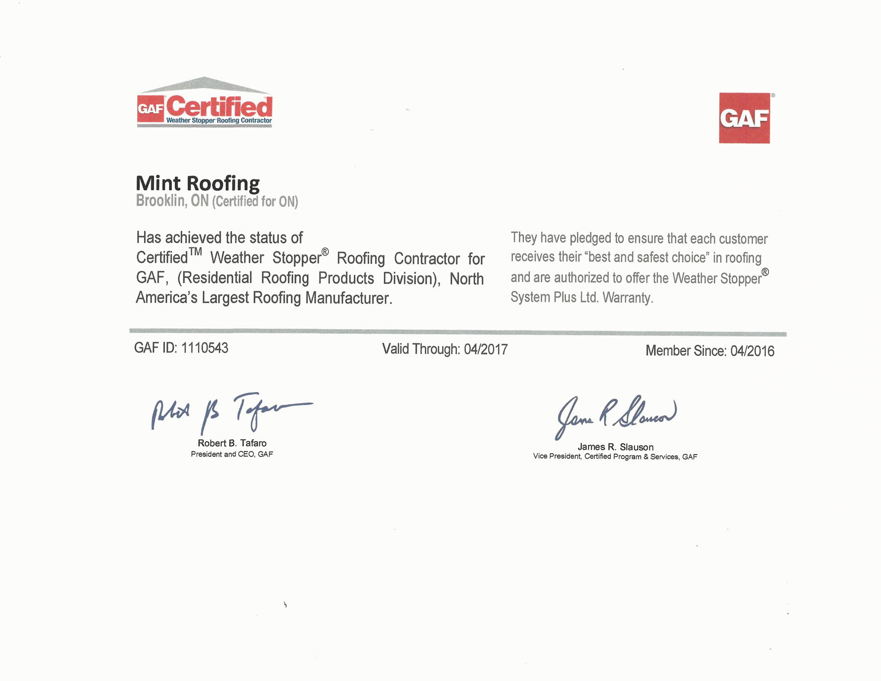 Mint Roofing GAF Certification